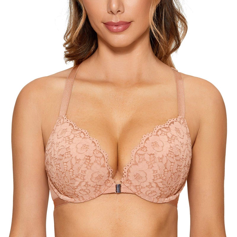 DOBREVA Women's Push Up Bra Racerback Front Closure Bras Lace Padded Underwire Plunge Floral Cream Coffee 32A - Image 2